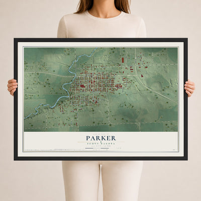 Map of Parker, South Dakota, 24 x 36 inch print in a black wood frame