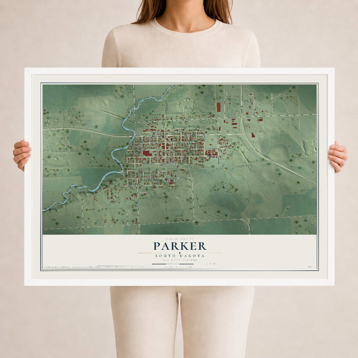 Map of Parker, South Dakota, 24 x 36 inch print in a white wood frame
