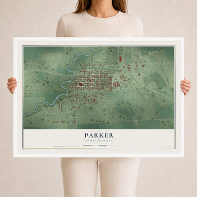 Map of Parker, South Dakota, 24 x 36 inch print in a white wood frame