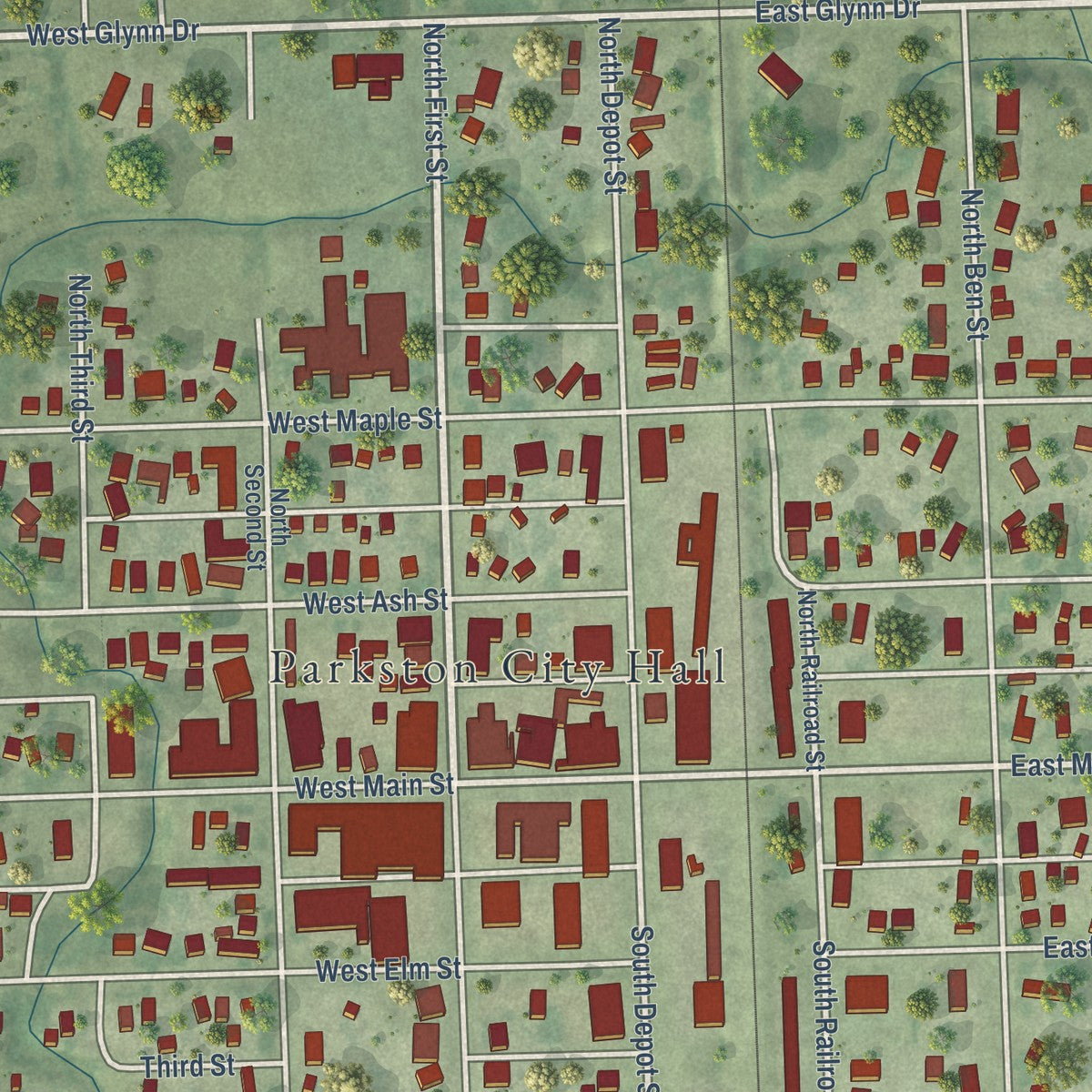 Close-up of the map of Parkston, South Dakota print showing street and building detail