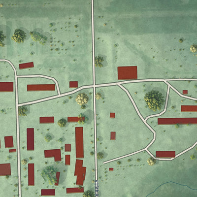 Close-up of the map of Pearl Creek Colony, South Dakota print showing street and building detail
