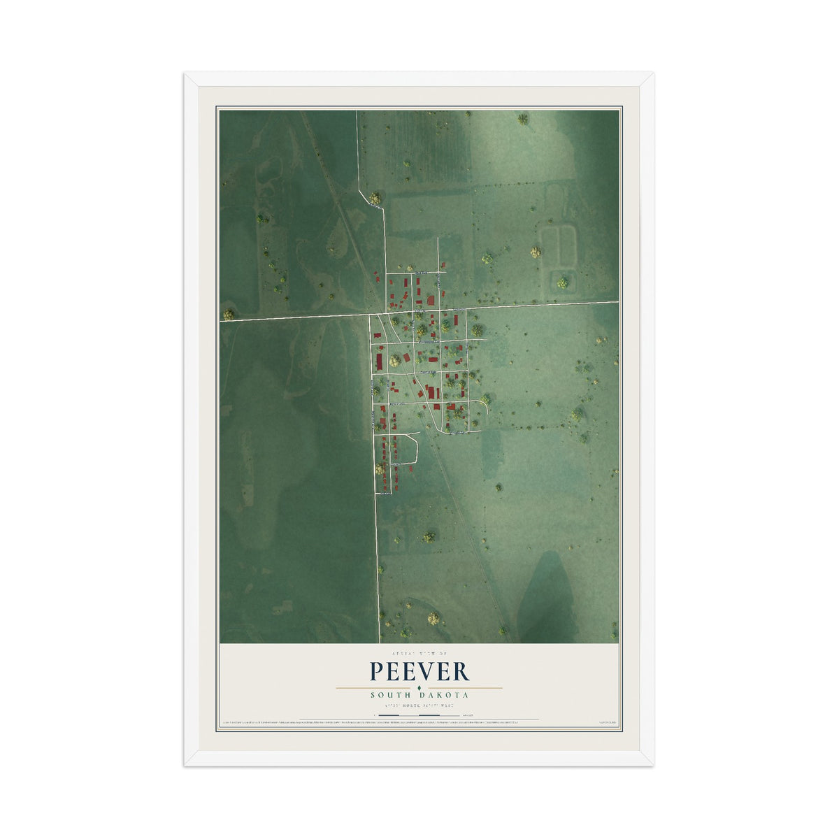 Map of Peever, South Dakota, 12 x 18 inch print in a white wood frame
