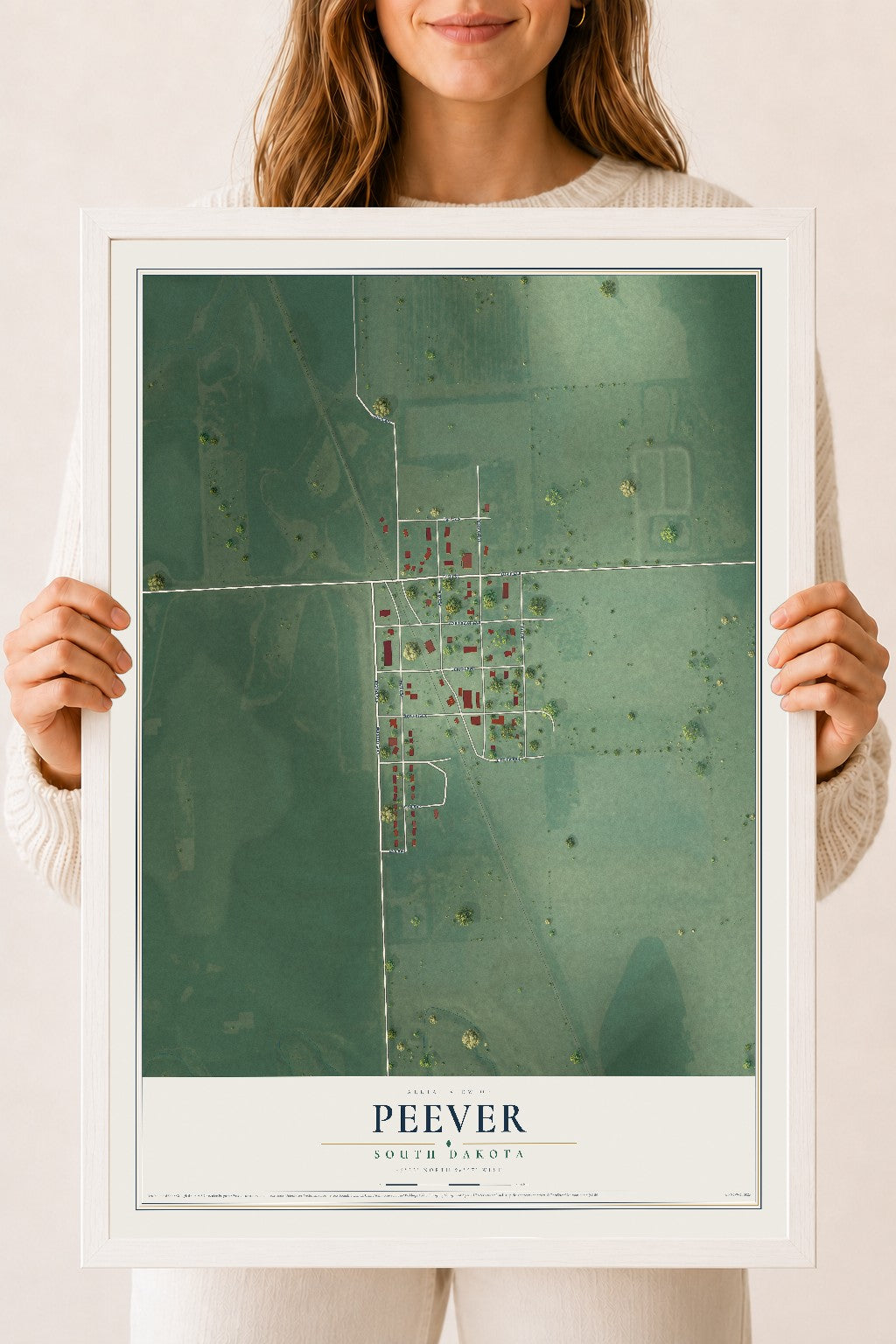 Map of Peever, South Dakota, 18 x 24 inch print in a white wood frame