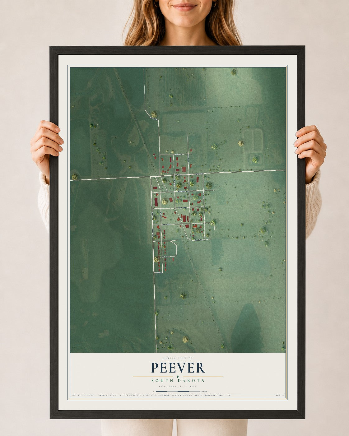 Map of Peever, South Dakota, 24 x 36 inch print in a black wood frame