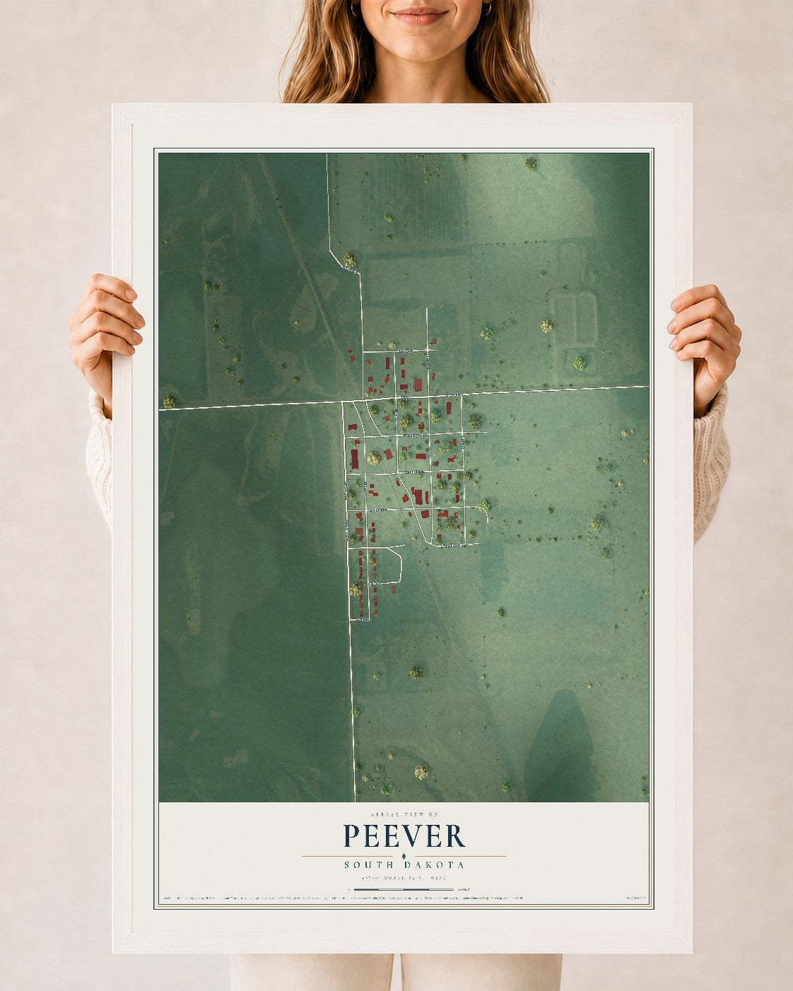 Map of Peever, South Dakota, 24 x 36 inch print in a white wood frame