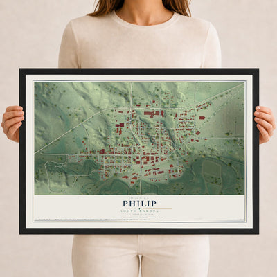 Map of Philip, South Dakota, 12 x 18 inch print in a black wood frame