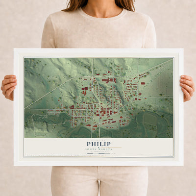 Map of Philip, South Dakota, 12 x 18 inch print in a white wood frame