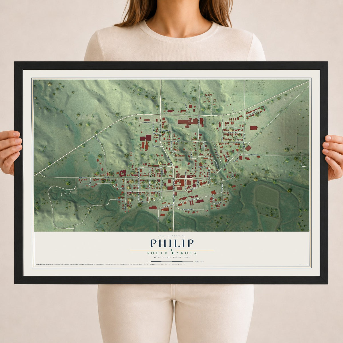 Map of Philip, South Dakota, 18 x 24 inch print in a black wood frame