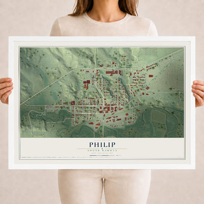 Map of Philip, South Dakota, 18 x 24 inch print in a white wood frame