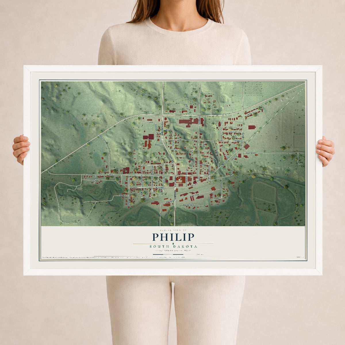 Map of Philip, South Dakota, 24 x 36 inch print in a white wood frame