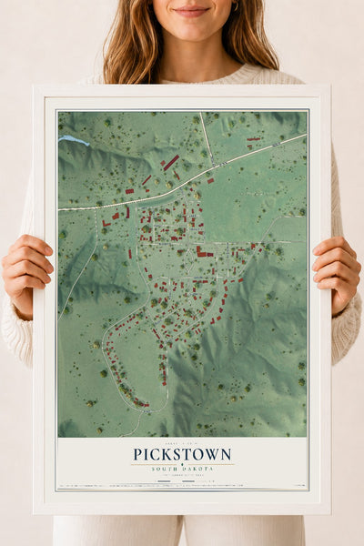 Map of Pickstown, South Dakota, 18 x 24 inch print in a white wood frame