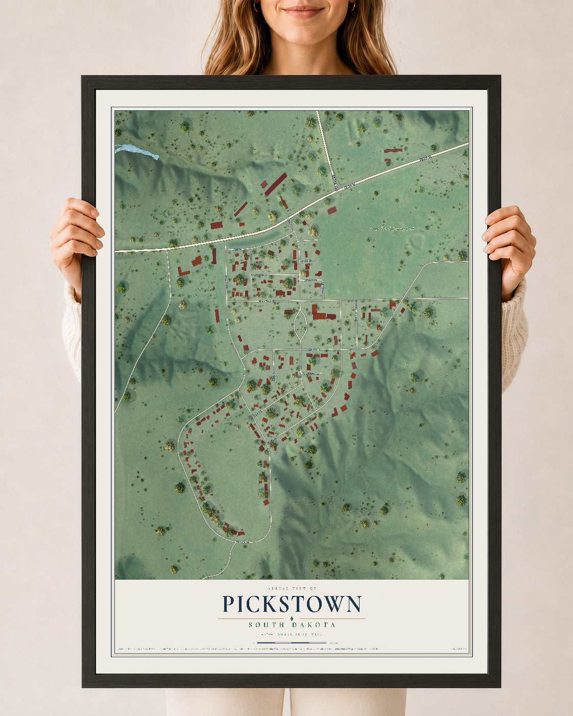 Map of Pickstown, South Dakota, 24 x 36 inch print in a black wood frame