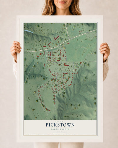 Map of Pickstown, South Dakota, 24 x 36 inch print in a white wood frame