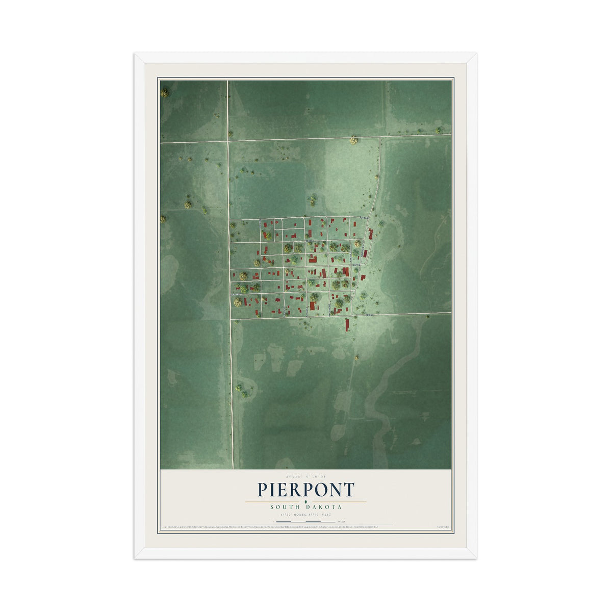 Map of Pierpont, South Dakota, 12 x 18 inch print in a white wood frame