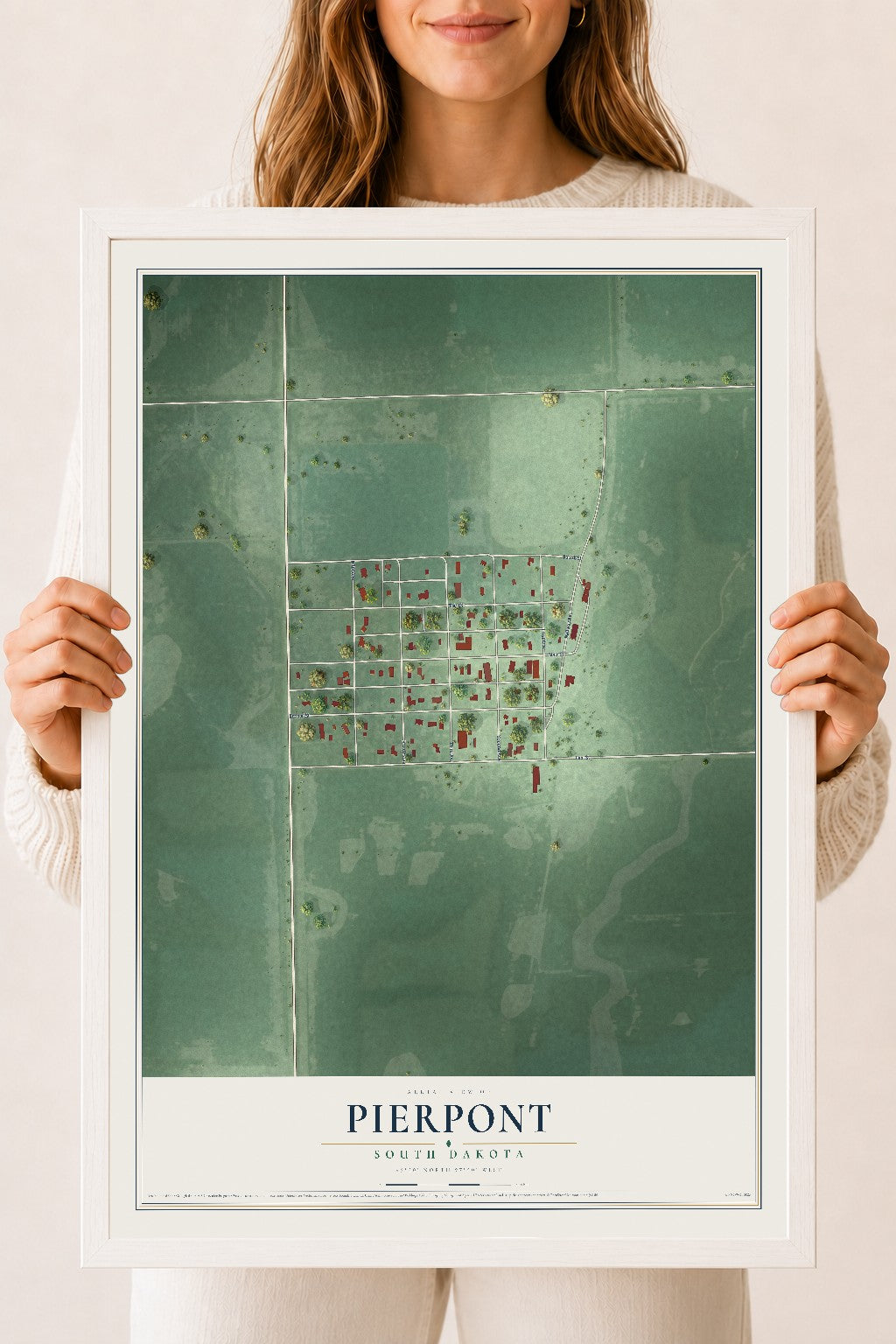 Map of Pierpont, South Dakota, 18 x 24 inch print in a white wood frame