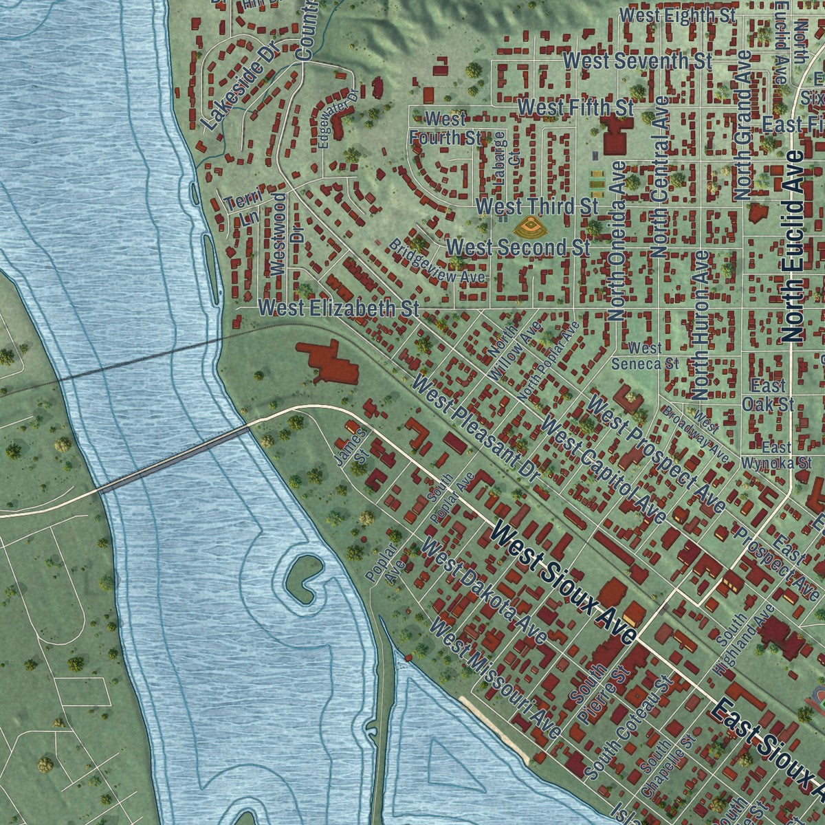 Second close-up of the map of Pierre, South Dakota print showing more streets and buildings