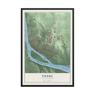 Map of Pierre, South Dakota, 12 x 18 inch print in a black wood frame