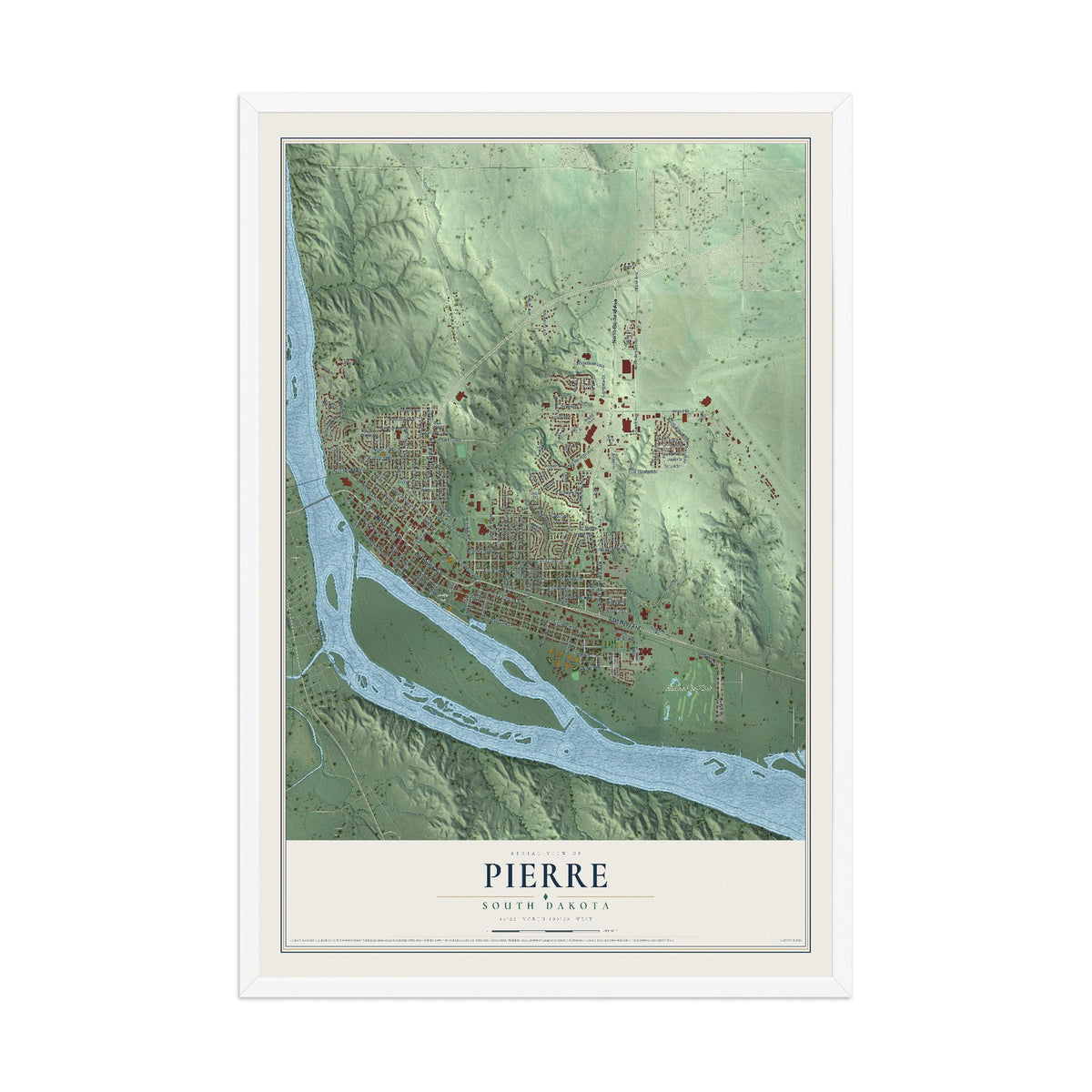 Map of Pierre, South Dakota, 12 x 18 inch print in a white wood frame