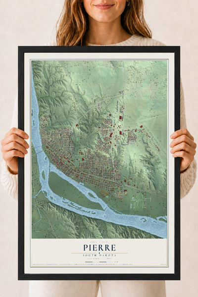 Map of Pierre, South Dakota, 18 x 24 inch print in a black wood frame