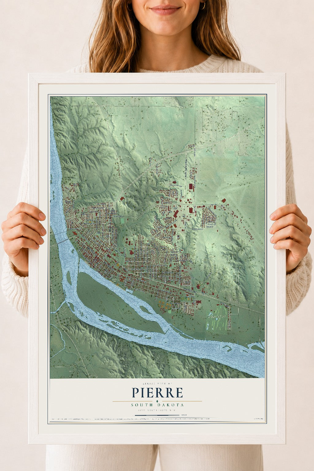 Map of Pierre, South Dakota, 18 x 24 inch print in a white wood frame