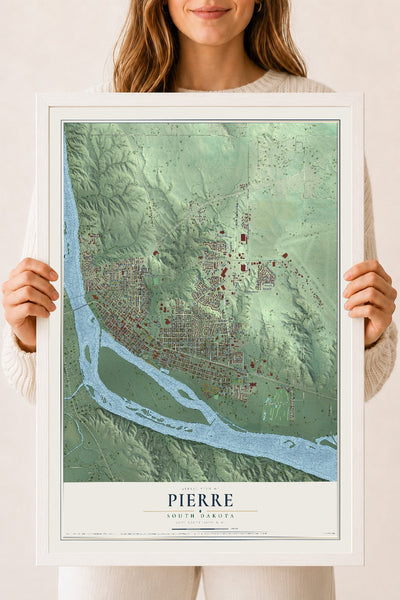 Map of Pierre, South Dakota, 18 x 24 inch print in a white wood frame