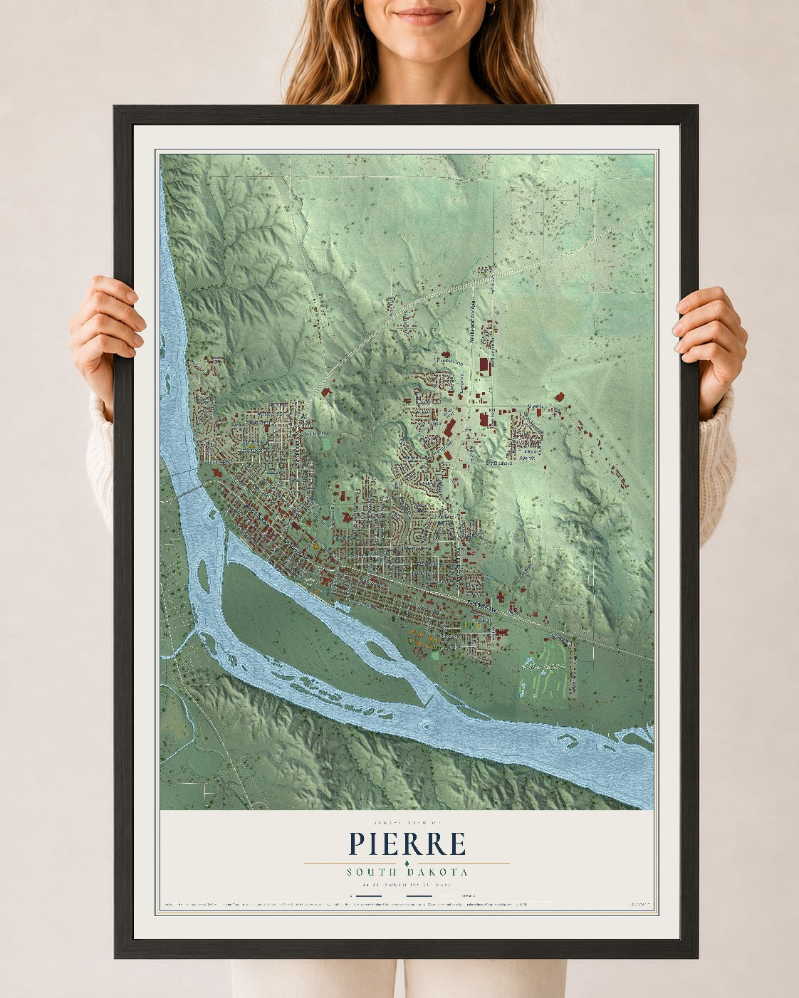 Map of Pierre, South Dakota, 24 x 36 inch print in a black wood frame