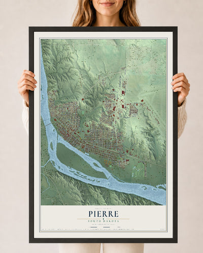 Map of Pierre, South Dakota, 24 x 36 inch print in a black wood frame