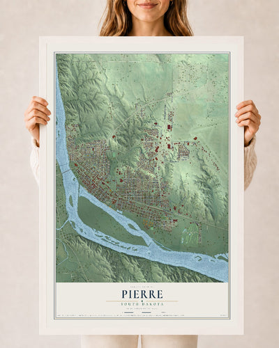 Map of Pierre, South Dakota, 24 x 36 inch print in a white wood frame