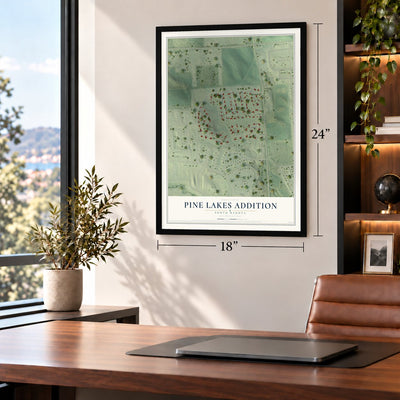 Pine Lakes Addition, South Dakota map, 18 x 24 inch print in a black frame in a home office