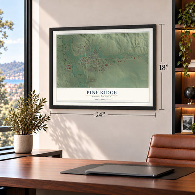 Pine Ridge, South Dakota map, 18 x 24 inch print in a black frame in a home office