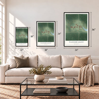 Plainview Colony, South Dakota map in 12 x 18, 18 x 24 and 24 x 36 inch sizes above a sofa