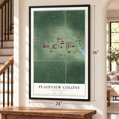 Plainview Colony, South Dakota map, 24 x 36 inch print in a black frame by a staircase