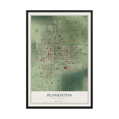 Map of Plankinton, South Dakota, 12 x 18 inch print in a black wood frame