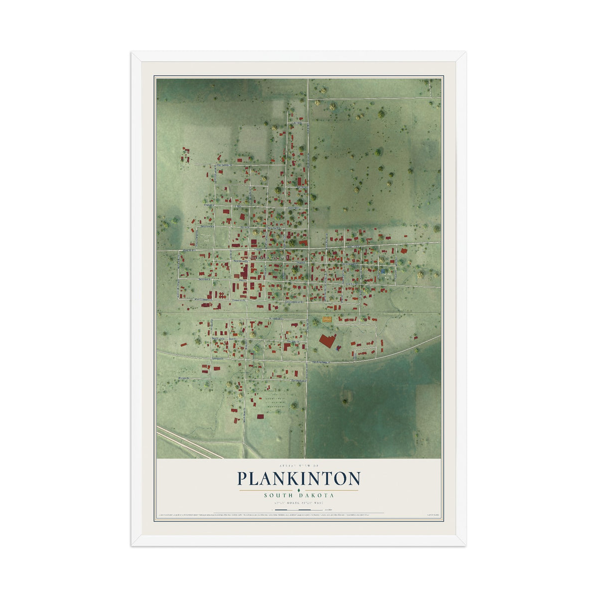 Map of Plankinton, South Dakota, 12 x 18 inch print in a white wood frame