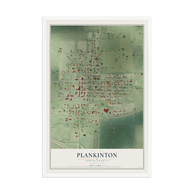 Map of Plankinton, South Dakota, 12 x 18 inch print in a white wood frame