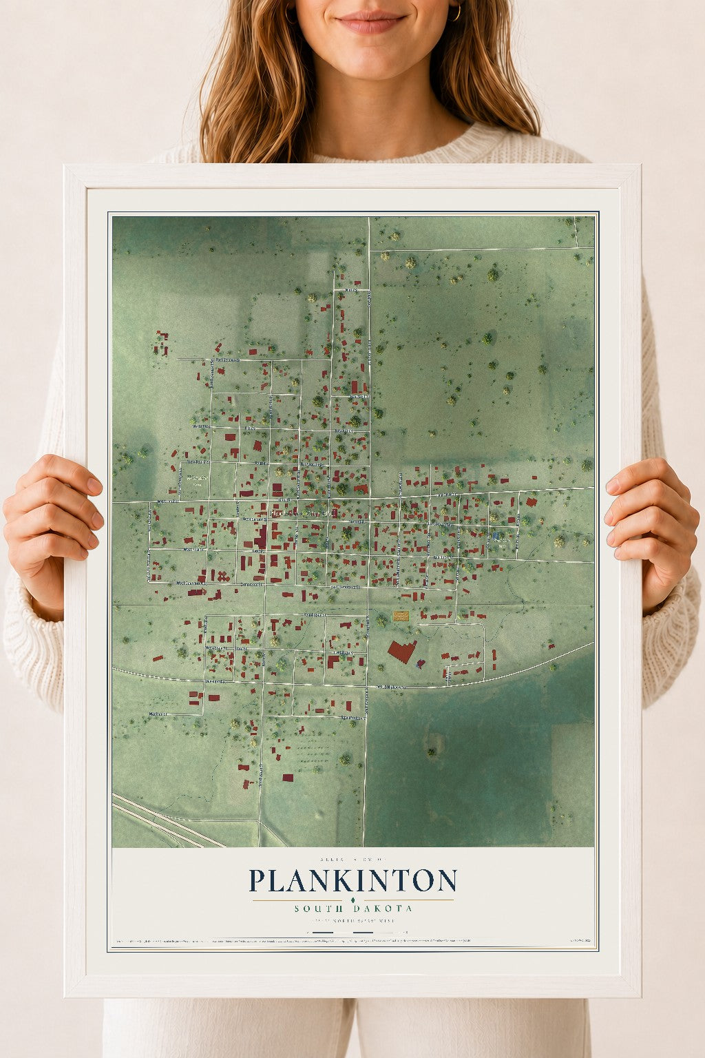 Map of Plankinton, South Dakota, 18 x 24 inch print in a white wood frame