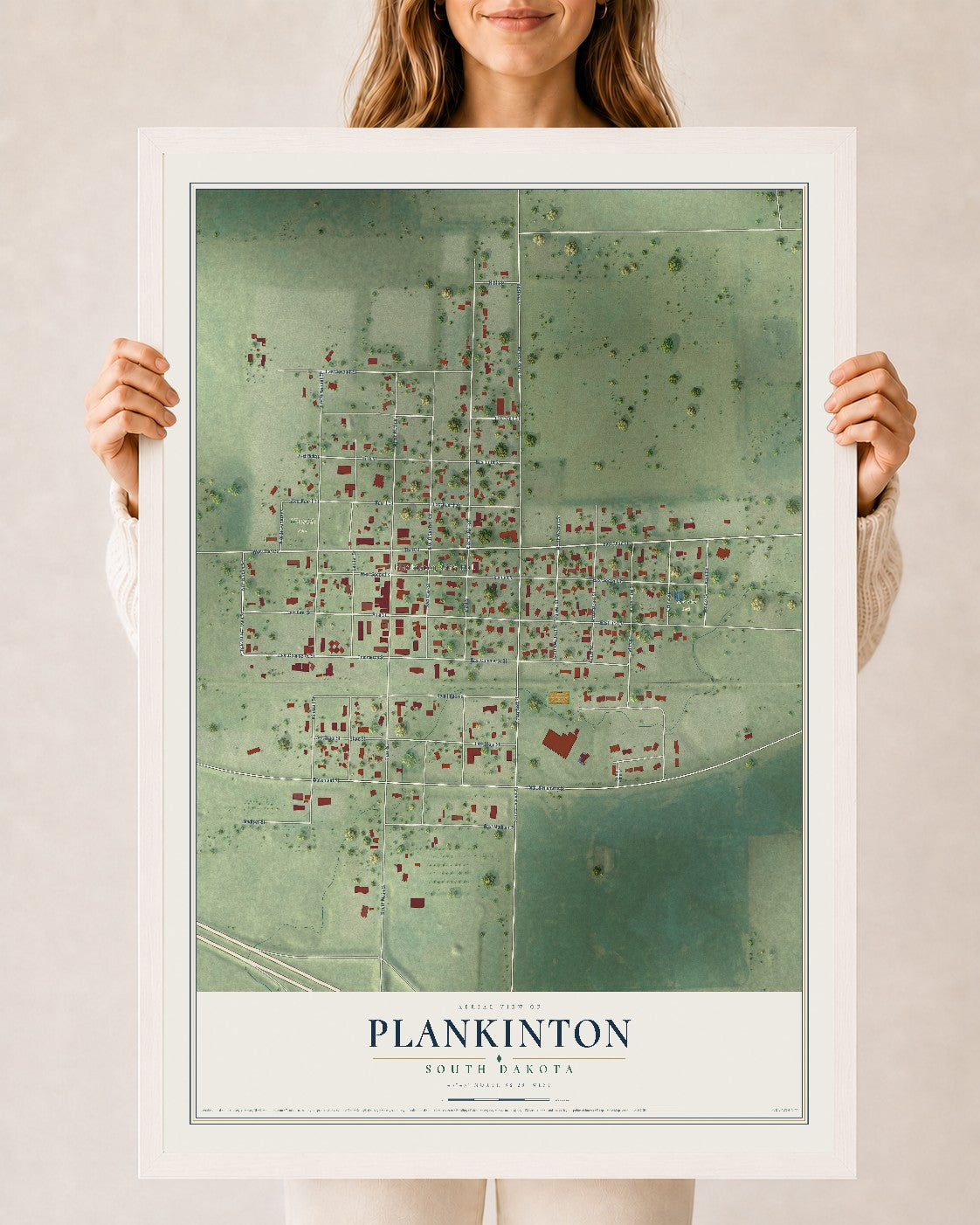 Map of Plankinton, South Dakota, 24 x 36 inch print in a white wood frame