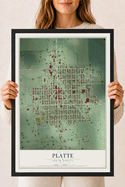 Map of Platte, South Dakota, 18 x 24 inch print in a black wood frame