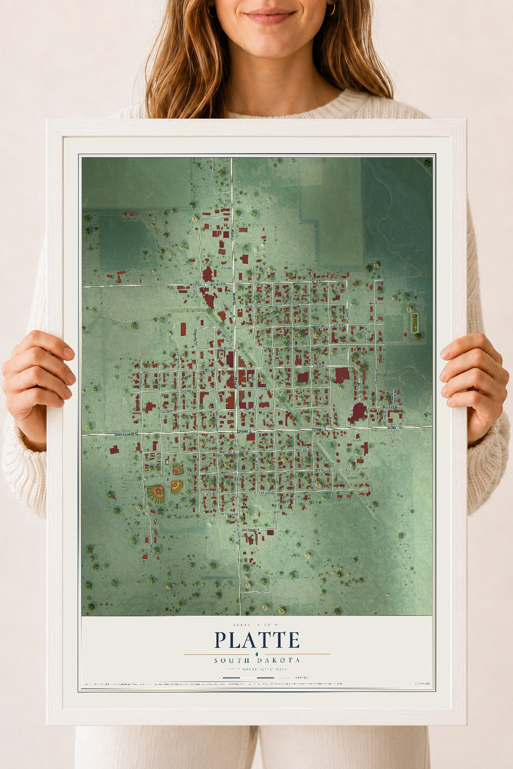 Map of Platte, South Dakota, 18 x 24 inch print in a white wood frame