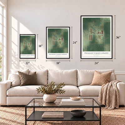 Pleasant Valley Colony, South Dakota map in 12 x 18, 18 x 24 and 24 x 36 inch sizes above a sofa