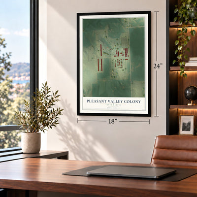 Pleasant Valley Colony, South Dakota map, 18 x 24 inch print in a black frame in a home office