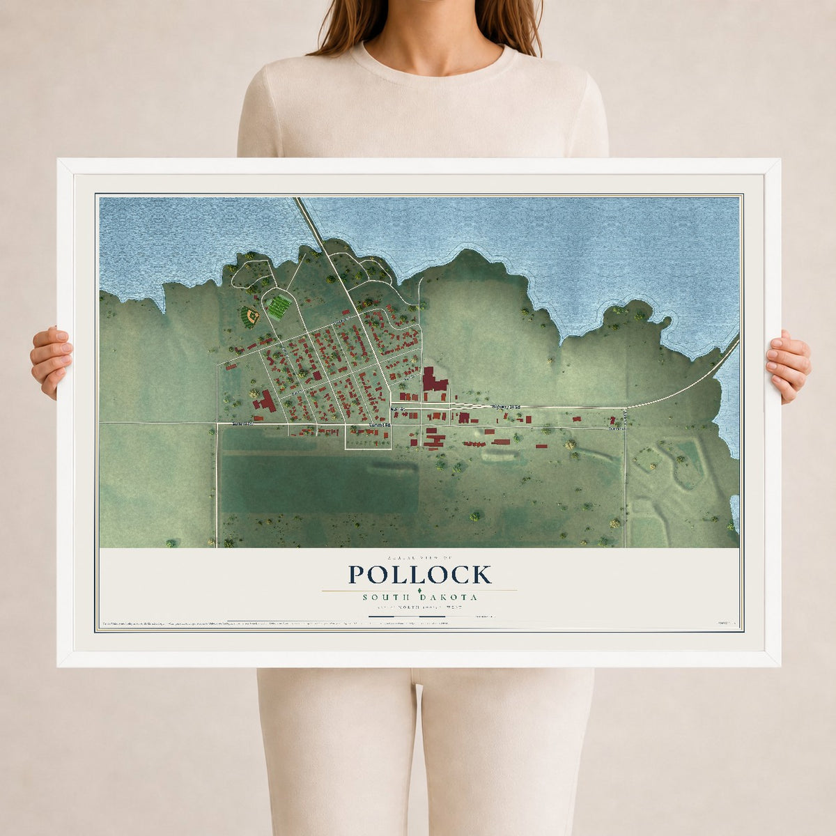 Map of Pollock, South Dakota, 24 x 36 inch print in a white wood frame