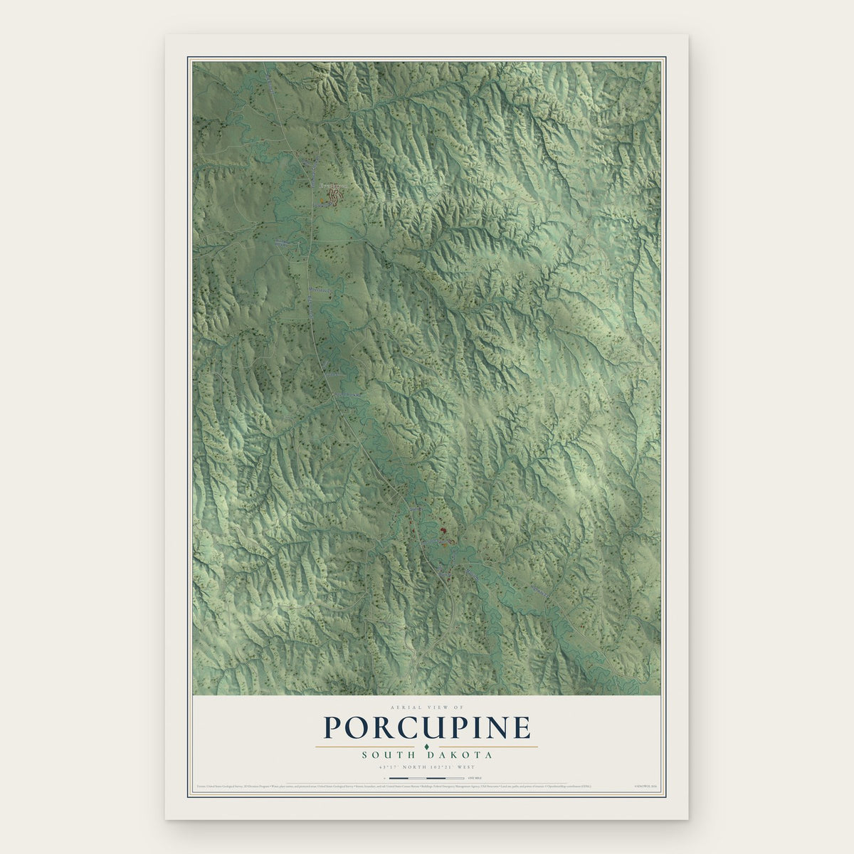 Porcupine, South Dakota map print, the full design