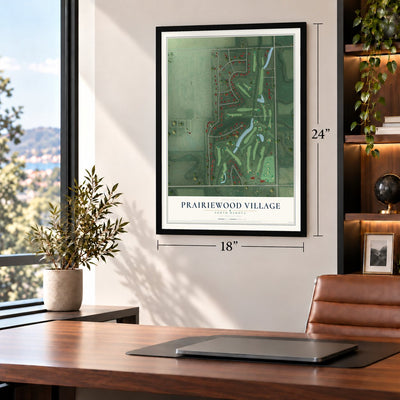Prairiewood Village, South Dakota map, 18 x 24 inch print in a black frame in a home office
