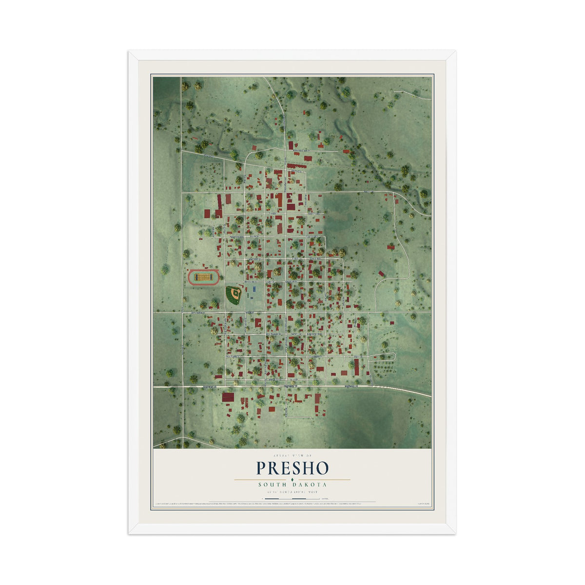 Map of Presho, South Dakota, 12 x 18 inch print in a white wood frame