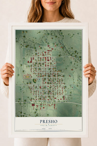 Map of Presho, South Dakota, 18 x 24 inch print in a white wood frame