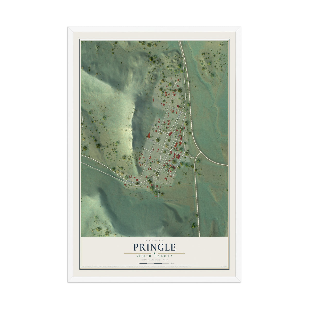 Map of Pringle, South Dakota, 12 x 18 inch print in a white wood frame