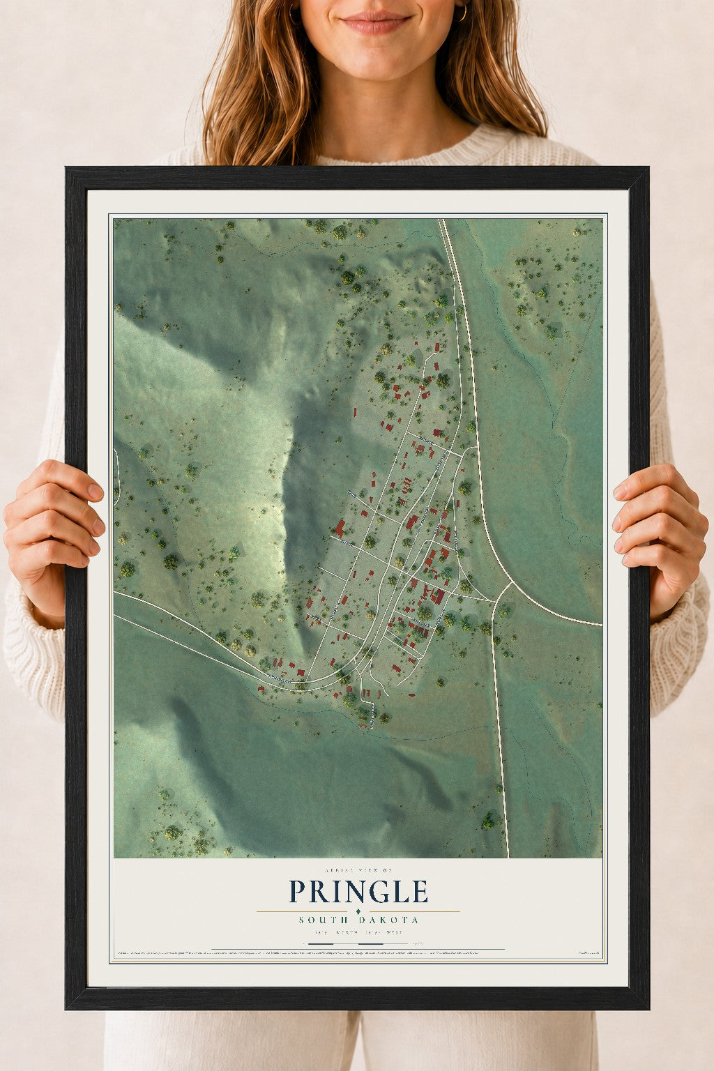 Map of Pringle, South Dakota, 18 x 24 inch print in a black wood frame