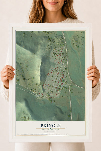 Map of Pringle, South Dakota, 18 x 24 inch print in a white wood frame