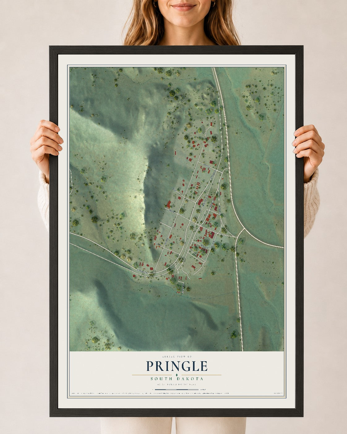 Map of Pringle, South Dakota, 24 x 36 inch print in a black wood frame